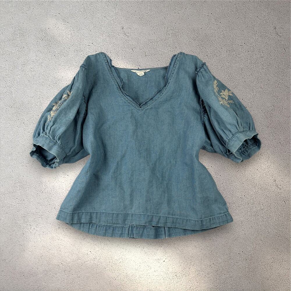 American Eagle Embroidered Denim Puff-Sleeve Top Women's S Boho Prairie Cottage